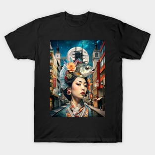 Japanese geisha girl with fish surrealism collage T-Shirt